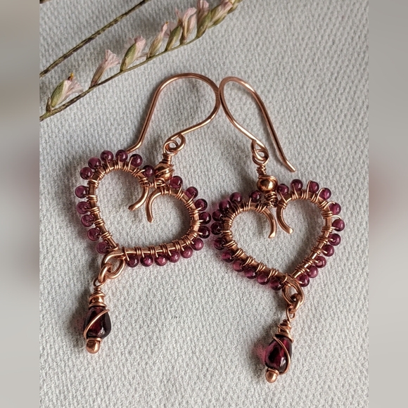 Garnet Heart Earrings Artisan Crafted Copper Design Dangle Drop - Picture 2 of 16